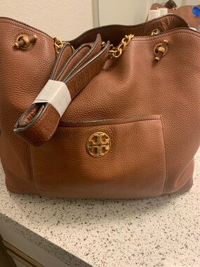 Tory Burch Tan Pebbled Leather Tote with Gold Logo